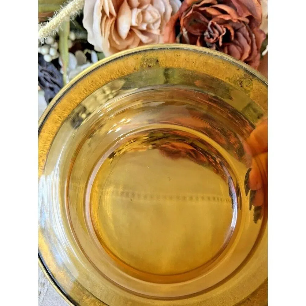 Amber Dish With Metal Etched Rim 8.5 inches vintage